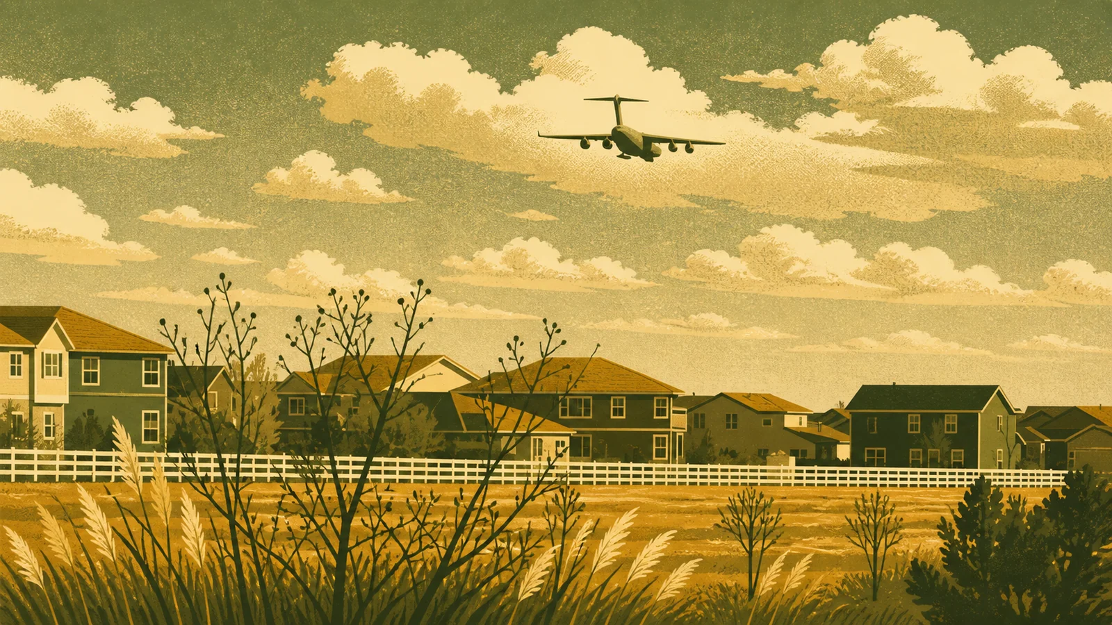 Illustrated view of Feathergrass homes along the ranch fence with a military cargo aircraft passing overhead