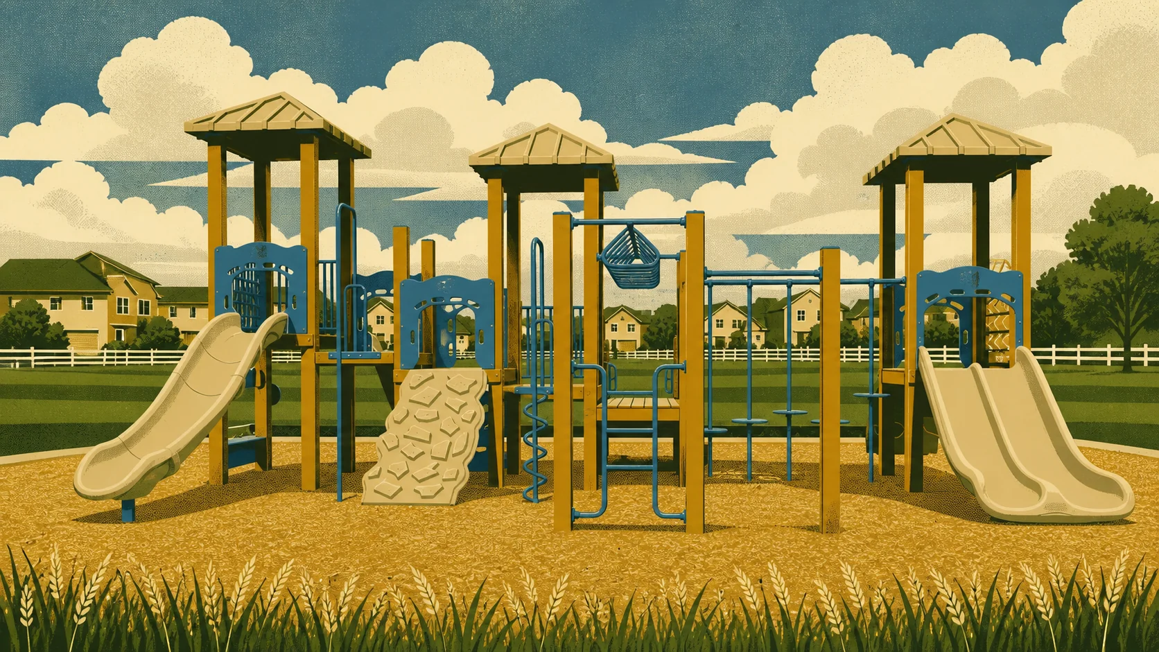 Illustrated view of the Feathergrass community playground with its slides, climbing wall and shade-roofed towers